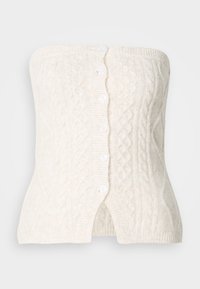 Top sem alças em malha creme com padrão em corda, cinco botões na parte da frente e um design ajustado com uma ligeira abertura na barra.