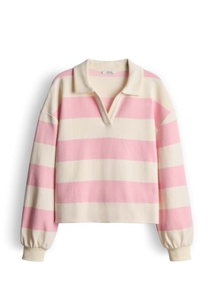 Roze en crème gestreepte trui met kraag, voorzien van lange mouwen en elastische boorden. De stof lijkt zacht en heeft een ontspannen pasvorm.