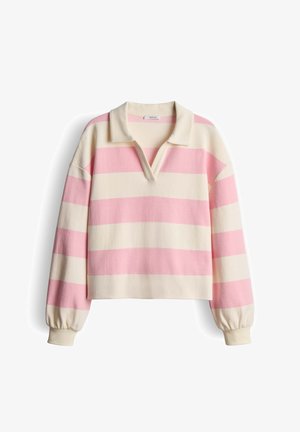 Roze en crème gestreepte trui met kraag, voorzien van lange mouwen en elastische boorden. De stof lijkt zacht en heeft een ontspannen pasvorm.