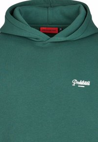 Sudadera verde, material de algodón, con un bolsillo frontal, capucha con cordón y texto bordado en blanco que dice "Prohibido" en el pecho.