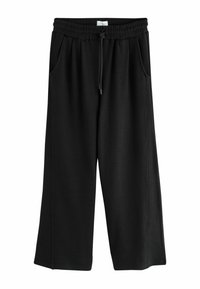 Schwarze, weit geschnittene Hose mit gerippter Textur, elastischem Bund, Kordelzug und seitlichen Taschen, die ein schlichtes und funktionales Design präsentiert.