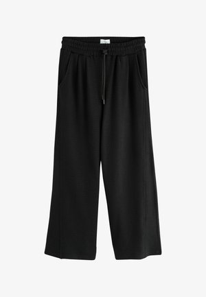 Pantaloni negri cu croi larg, dintr-un material texturat, cu talie elastică, șnur ajustabil și buzunare laterale, evidențiind un design simplu și funcțional.