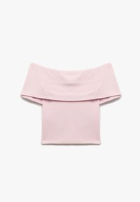 Lyserød off-the-shoulder top med ribbet tekstur, der har en foldet Halsudskæring og korte ærmer. Blødt, elastisk stof designet til en tætsiddende silhuet.