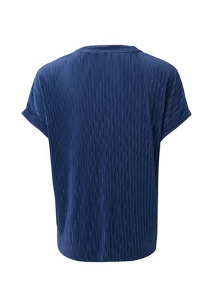 Vue de dos d'un chemisier bleu marine à manches courtes avec une texture plissée verticale et un col rond.