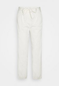 Pantalons légers blancs avec une taille à nouer et deux poches latérales. Design à jambes droites et texture lisse.
