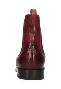 Botas de tobillo de cuero burdeos con un acabado texturizado, punta redondeada y una lengüeta en la parte posterior. Suela negra con un ligero tacón.