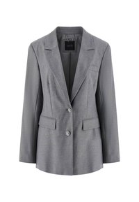 Blazer grigio con revers affilati, design a un bottone, due tasche frontali, bottoni decorati e una fodera interna liscia.