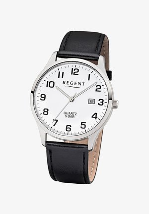 Montre-bracelet ronde en argent avec cadran blanc, chiffres arabes noirs, affichage de la date et bracelet en cuir noir indiquant 10:10:35.