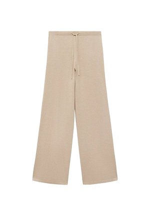 Beige wide-leg pants made of soft fabric, featuring a drawstring waistband and smooth texture, with no patterns or additional hardware.