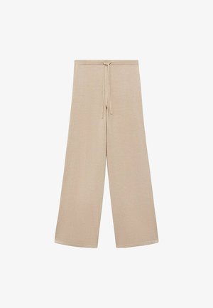 Beige wide-leg pants made of soft fabric, featuring a drawstring waistband and smooth texture, with no patterns or additional hardware.
