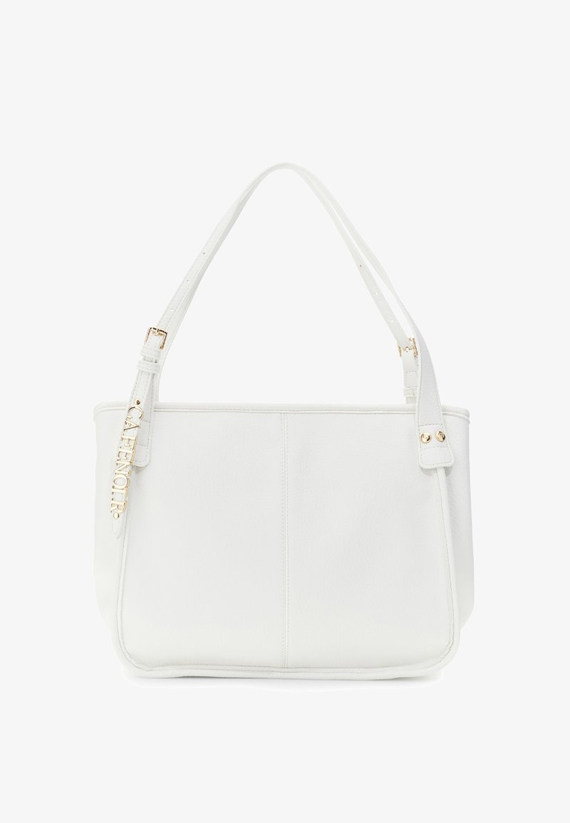 Biała skórzana torba tote o gładkiej teksturze, z podwójnymi ramiączkami, złotymi akcentami i centralnym detalem szwu.