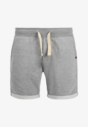 Hallide hallid puuvillased lühikesed püksid ribaga vöökoht ja beež pael, millel on rullitud kraed ja väike pruun nahast logo.