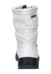 Hvid, polstret vinterstøvle med et slattent design, sort gummisål og justerbar top. Har en logotag på siden.