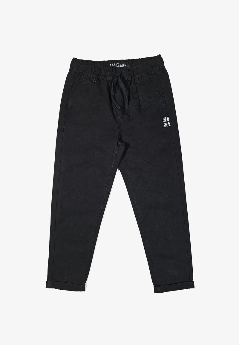 Pantaloni tapered neri con cintura elastica e cordino. Presentano tasche laterali e un piccolo dettaglio con logo sulla gamba sinistra.