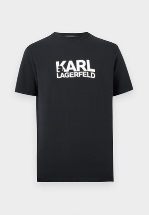 Black short-sleeve t-shirt with white "KARL LAGERFELD" text and a small icon incorporated into the letter "K" on the chest.