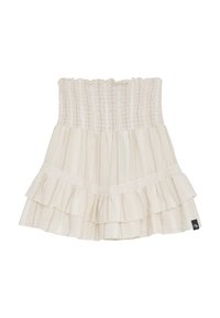 Utan axelband, krämfärgad, lager-på-lager kjol med smockad byst och spetsdetaljer. Har lager av volanger och en subtil randig textur.