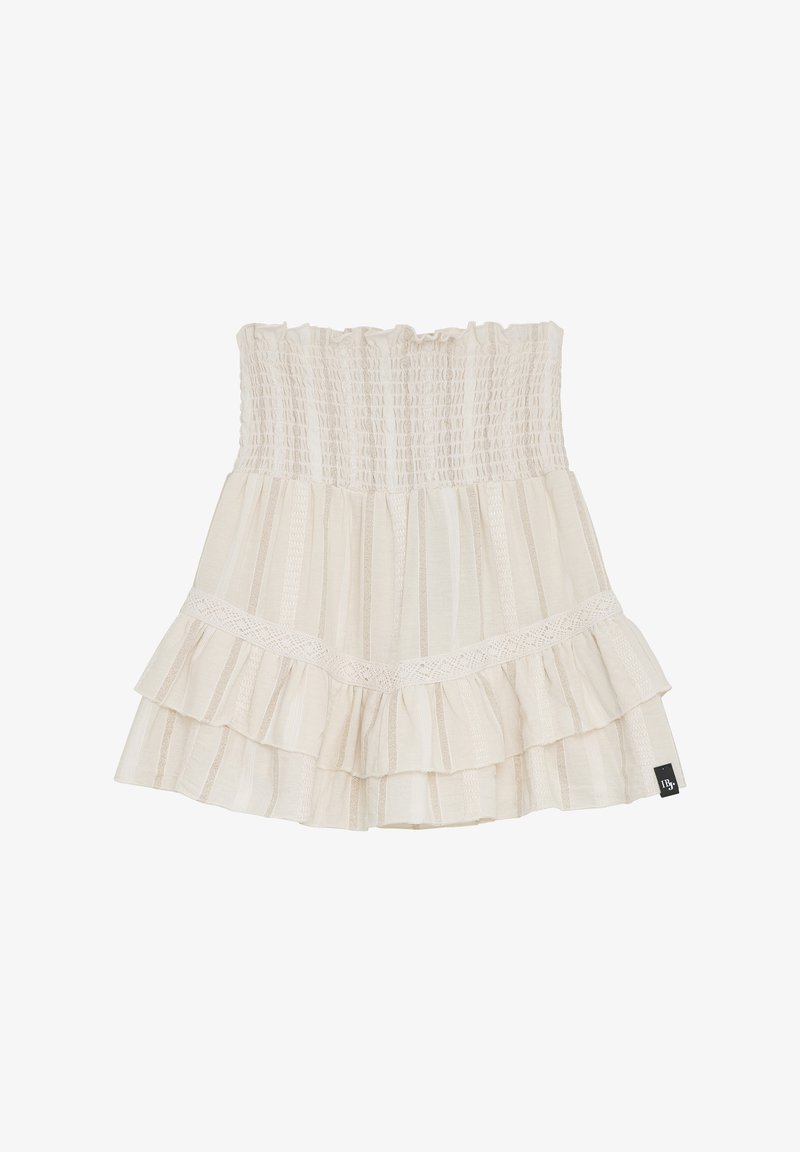 Bezramkowa, kremowa spódniczka w warstwy z marszczeniem w talii i koronkowym wykończeniem. Posiada warstwowe falbany oraz subtelną fakturę w paski.