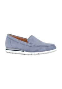 Light blue suede slip-on shoe with textured surface, white rubber sole, and subtle stitching details. Rounded toe and low profile design.