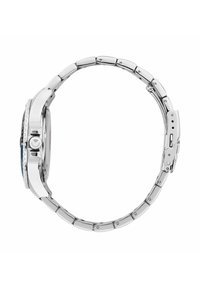 Orologio da polso in acciaio inossidabile con cassa rotonda, cinturino tono argento e corona testurizzata; caratteristiche includono quadrante lucido e design multi-link.