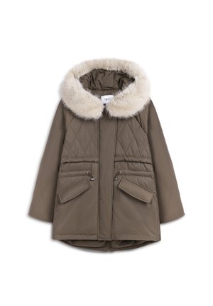 Khaki gesteppte Parka mit abnehmbarem Kunstfellkragen, Frontreißverschluss und zwei seitlichen Taschen, die ein strukturiertes und funktionales Design bieten.