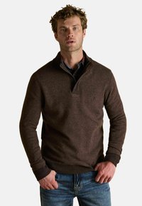Brauner Pullover mit halbem Reißverschluss, strukturiertem Stoff, gerippten Bündchen und Saum, kombiniert mit einem Jeanshemd darunter. Lässige Passform.