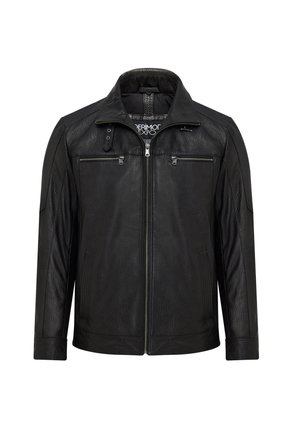 Black leather jacket with a zippered front, stand collar, and two zippered chest pockets. Features textured leather and tailored fit.