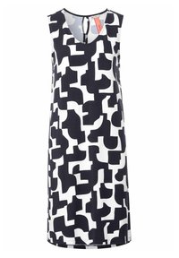 Šaty bez rukávů v námořnické modři a bílé barvě s abstraktním geometrickým vzorem, kulatým výstřihem a detailem otvoru na zádech. Měkká textura látky.