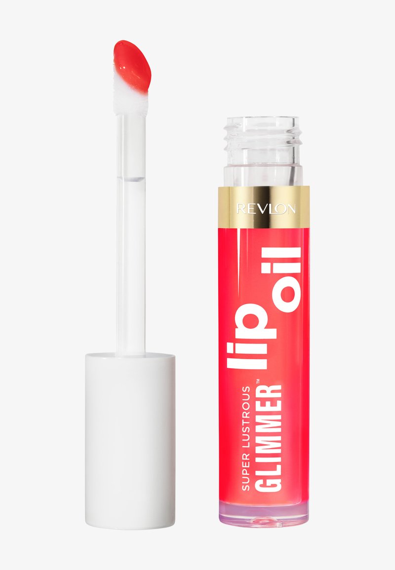 Olio per labbra Revlon in tubo trasparente con tappo cilindrico bianco. Il colore è un rosso vibrante con finitura lucida. L'applicatore ha una punta morbida e arrotondata.