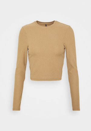 Beige geribd cropped top met lange mouwen, ronde hals, aansluitende pasvorm en fijne verticale structuur in de stof.