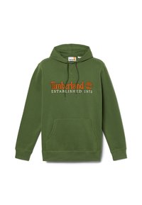 Felpa verde con cappuccio e cordino, tasca a marsupio e ricamo "Timberland ESTABLISHED 1973" in arancione. Tessuto morbido, polsini e orlo a costine.