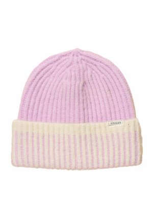 Ribbed knit beanie with light purple top and folded cream cuff featuring a small "Joules" label on the front.
