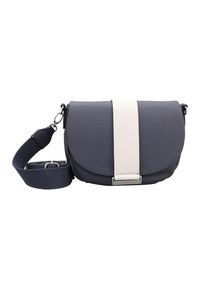 Borsa a tracolla in pelle blu navy con pattina arrotondata, caratterizzata da una striscia verticale bianca e hardware argentato. Include una tracolla regolabile.