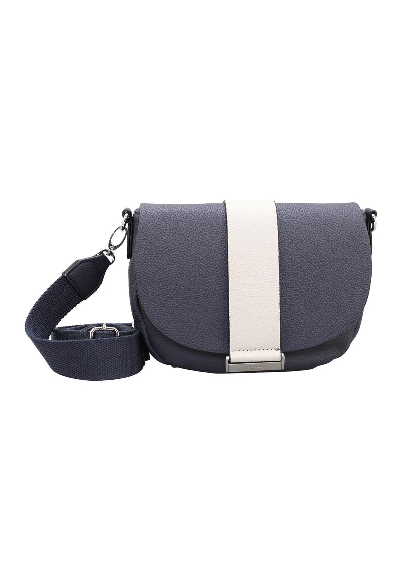 Borsa a tracolla in pelle blu navy con pattina arrotondata, caratterizzata da una striscia verticale bianca e hardware argentato. Include una tracolla regolabile.