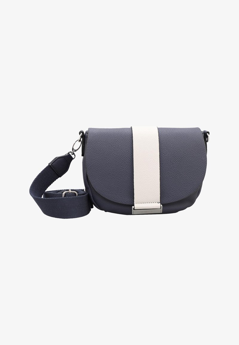 Borsa a tracolla in pelle blu navy con pattina arrotondata, caratterizzata da una striscia verticale bianca e hardware argentato. Include una tracolla regolabile.