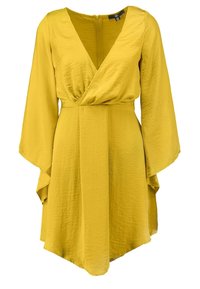Robe enroulée jaune avec de longues manches évasées, un décolleté en V profond et une taille cintrée. Fabriquée dans un tissu texturé avec une finition lisse.