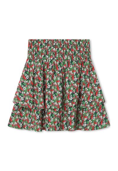 Πολλών στρωμάτων φούστα με ελαστική μέση; πράσινο ύφασμα με ανθισμένο σχέδιο σε κόκκινες και λευκές αποχρώσεις; με φρου φρου στο τελείωμα.
