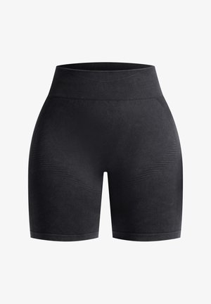 Pantalones cortos deportivos negros con una cintura alta, hechos de una tela texturizada con sutiles líneas horizontales y un dobladillo liso.