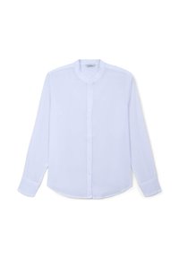 Camicia a maniche lunghe azzurro chiaro realizzata in tessuto morbido, con colletto rotondo, chiusura con bottoni frontale e orlo curvo.