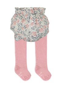 Cubierta de pañal con patrón floral en azul claro con flores rosas, combinada con medias rosas. Tejido de algodón suave, detalle de cintura con volantes.