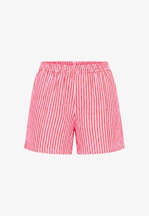 Lyserøde og hvide lodrette stribede shorts med elastisk talje og lige kant, vist på en hvid baggrund.