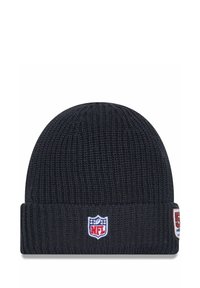 Schwarze Strickmütze mit gerippter Textur. Verfügt über ein NFL-Logo-Patch und einen umgeschlagenen Saum. Entworfen für Wärme und Komfort.