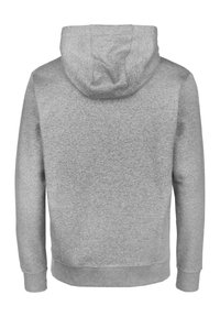 Hoodie in cotone grigio con cappuccio regolabile, maniche lunghe e polsini e orlo a coste. Texture liscia, senza grafiche o decorazioni visibili.