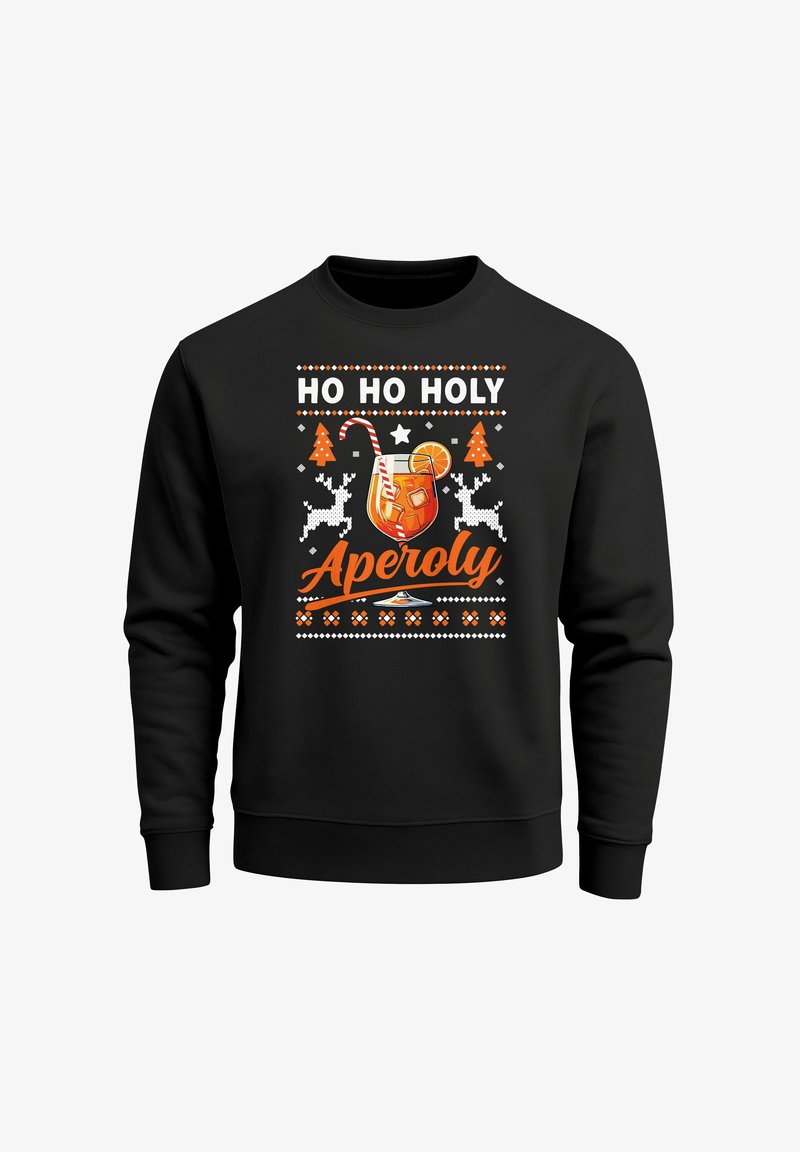 Schwarzer Kapuzenpullover mit einem festlichen Grafikdesign, das orange und weißen Text, ein Cocktailglas, Rentiere und Weihnachtsbäume zeigt.
