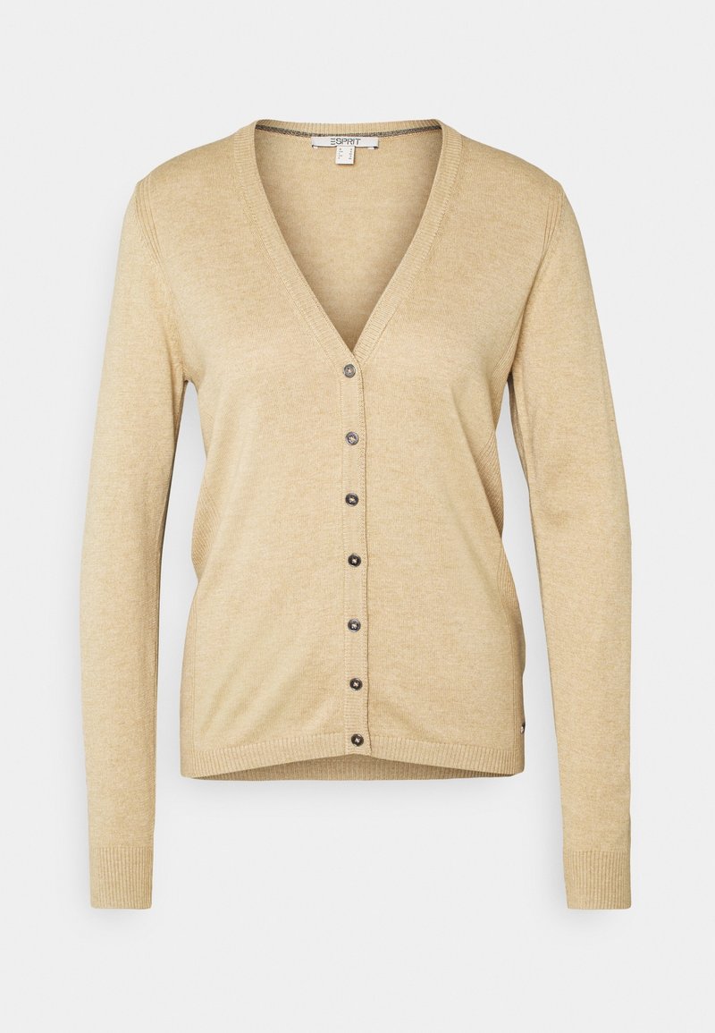 Cardigan beige à col en V avec boutons, manches longues, poignets et ourlet côtelés, tissu tricoté léger.
