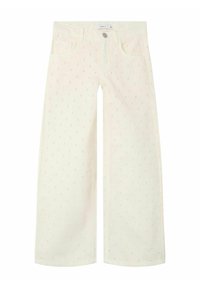 Jean larges en tissu blanc cassé avec un subtil brodé floral, dotés de poches et d'une fermeture à bouton à l'avant. Texture lisse sur l'ensemble.