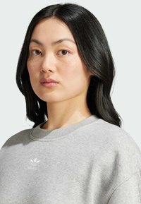 Sweatshirt gris avec un col rond et des poignets côtelés, arborant un logo Adidas brodé en blanc sur la poitrine. Texture du tissu lisse.