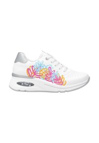 White athletic shoe with a textured upper, featuring colorful floral patterns in pink, blue, and yellow, and a silver accent at the heel.