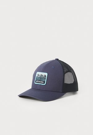 Navy blue cap with a solid front, mesh back, and a rectangular patch displaying mountains. Features a curved brim and adjustable strap.