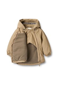 Béžová bunda s kapucí a měkkou fleecovou podšívkou, vybavená zipovým zapínáním a elastickými manžetami. Obsahuje vzorovanou kostkovanou vnitřní podšívku.