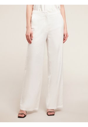 White linen wide-leg pants featuring a smooth texture, front pockets, and a relaxed fit, paired with black strappy sandals.